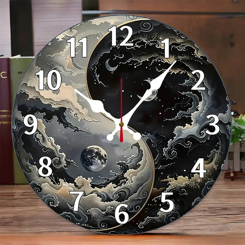 Celestial Yin-Yang Silent Wall Clock – 10-Inch Round Wooden Home Decor