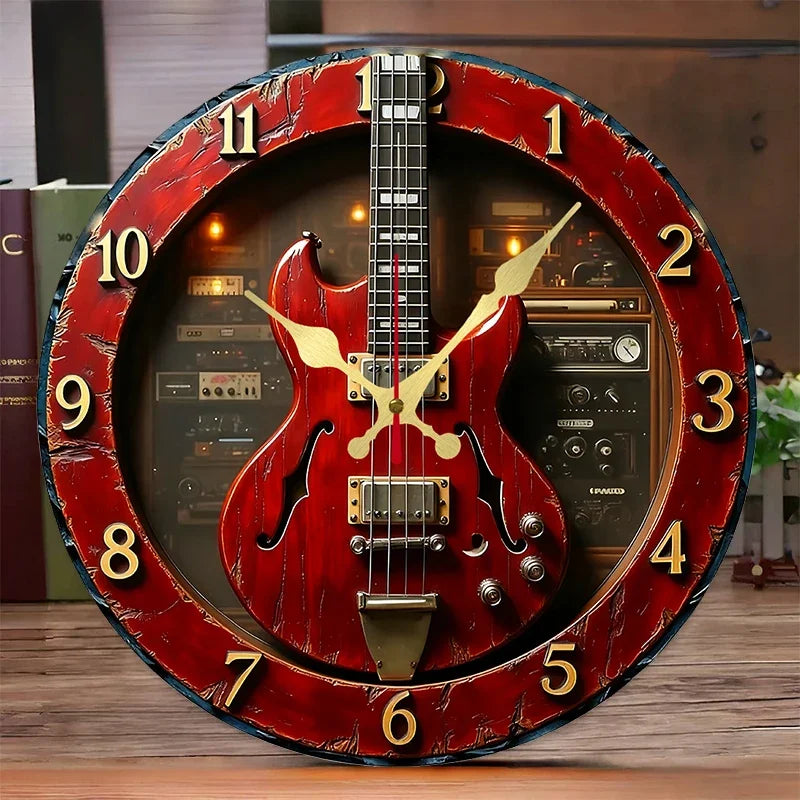 Vintage Guitar Silent Wall Clock – Round Wooden 2D Music Decor, 25 or 30 cm