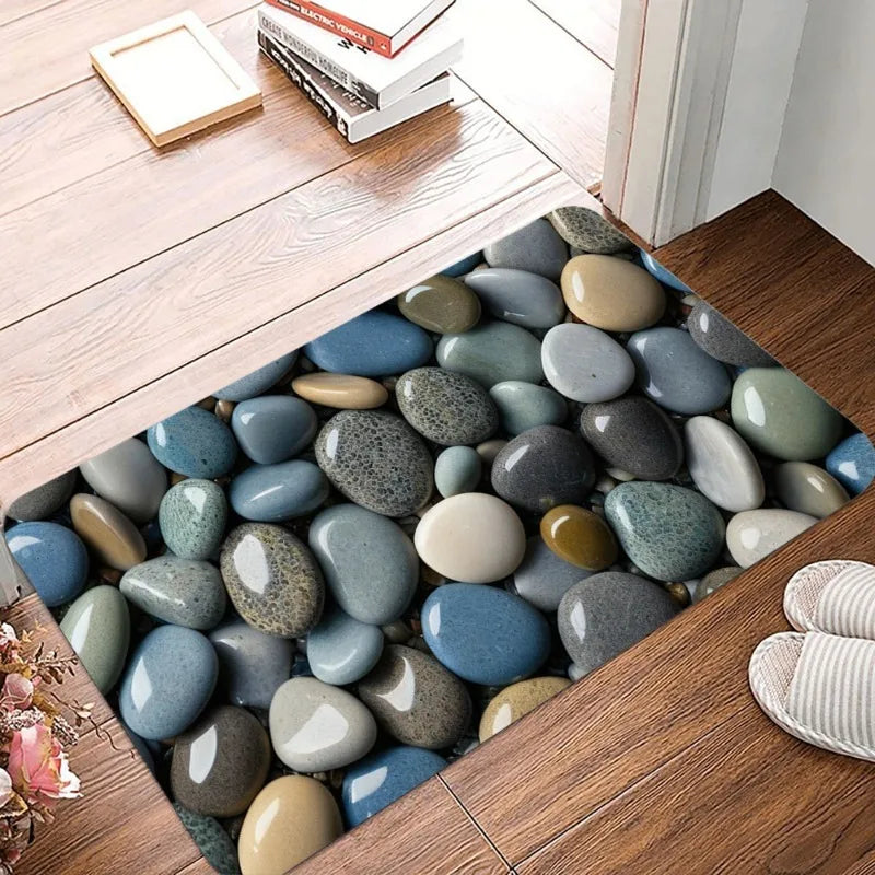 Stone & Floor Tile Print Waterproof Non-Slip Door Mat – Absorbent Quick-Dry Flannel Rug for Indoor & Outdoor Home Use