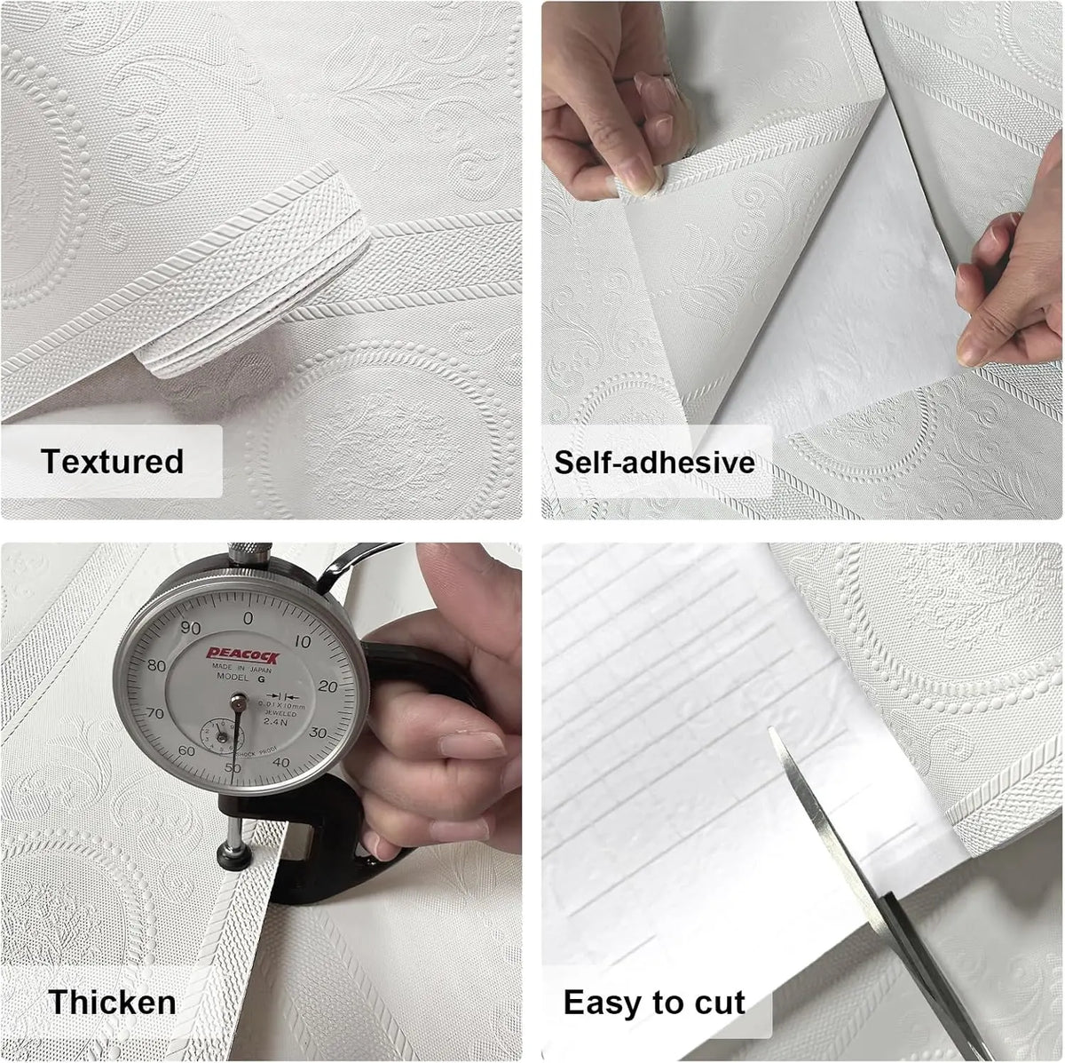 3D White Embossed Damask Waterproof & Oil-Resistant Vinyl Peel-and-Stick Wallpaper – Extra Thick & Removable