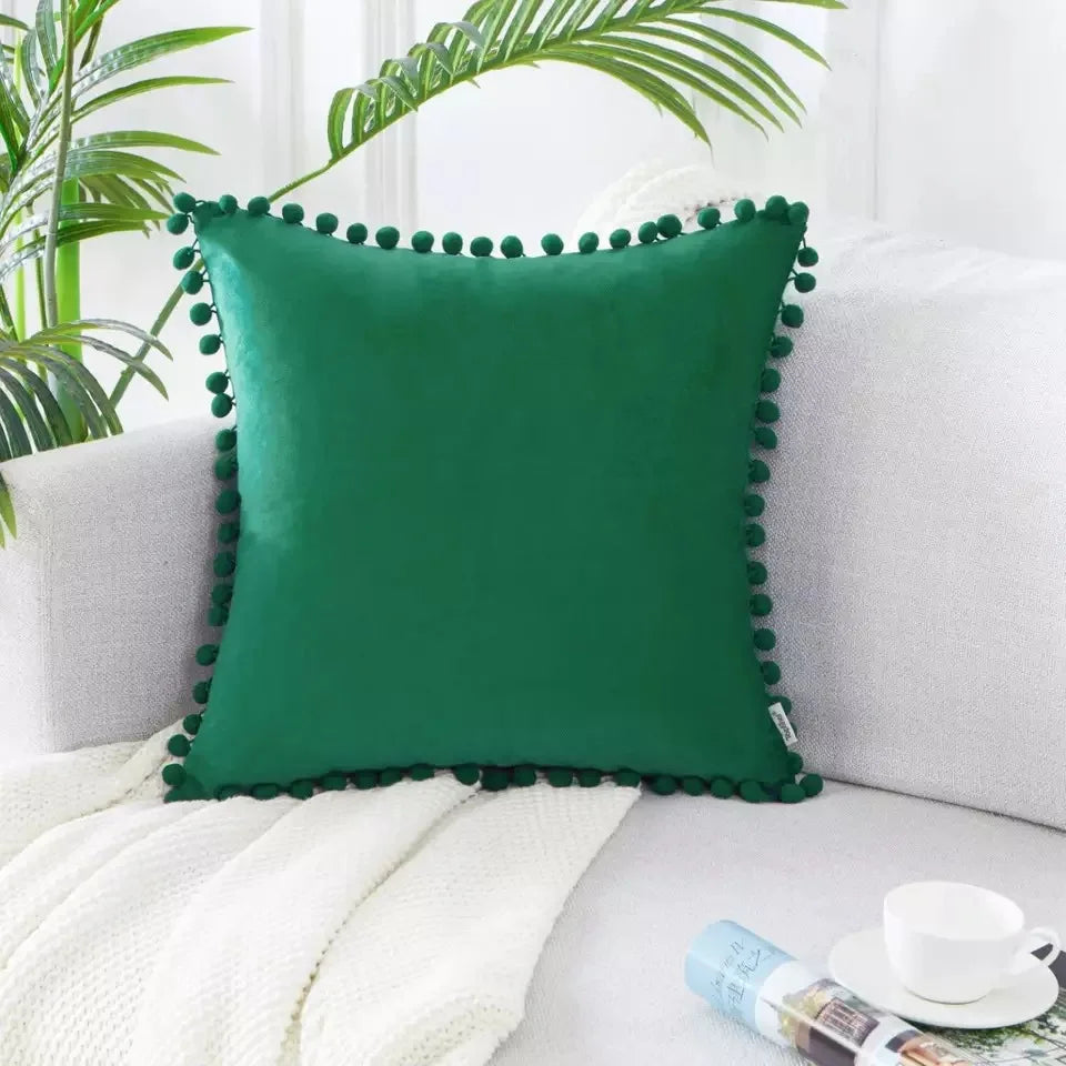 Black or Green Velvet Pom-Pom Throw Pillow Cover, 15.75–19.69 in, Cover Only