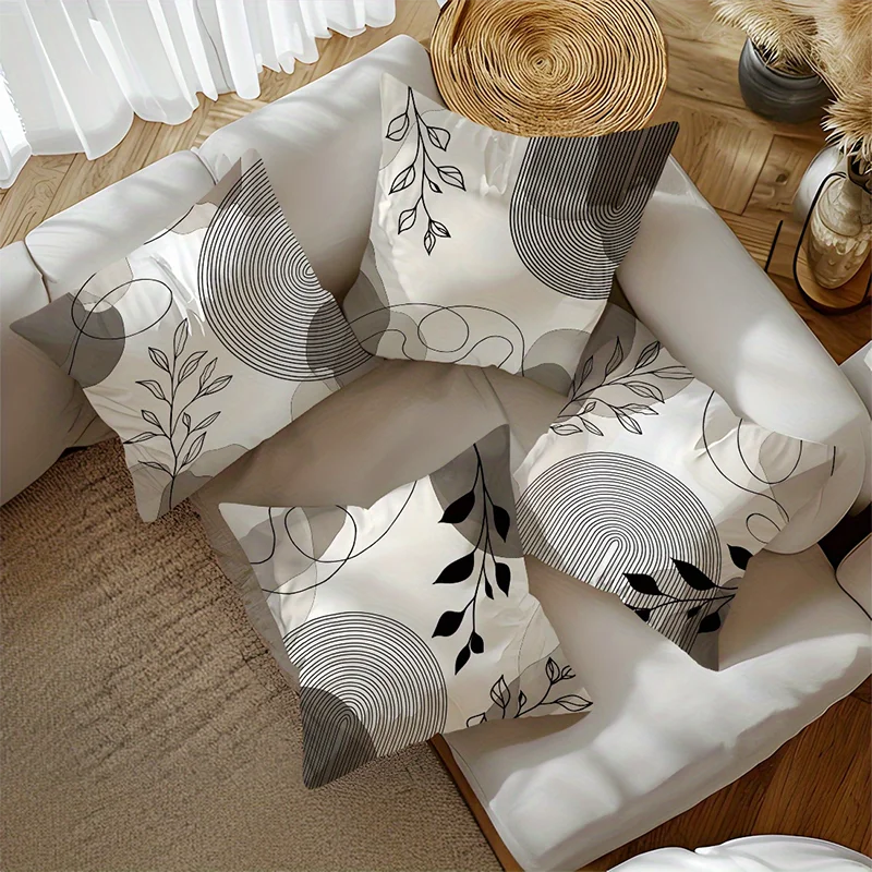 Black Leaf & Circle Polyester Twill Pillow Cover – Designs 1–2, 4 Sizes