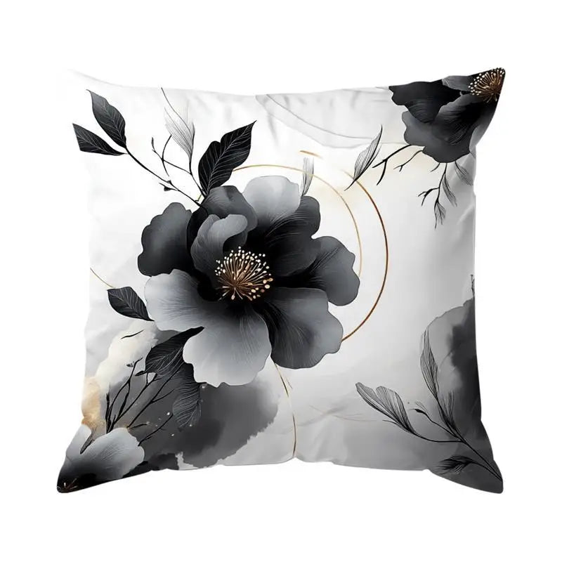 Black & White Floral Polyester Peachskin Pillow Cover – Designs 1–2, 4 Sizes