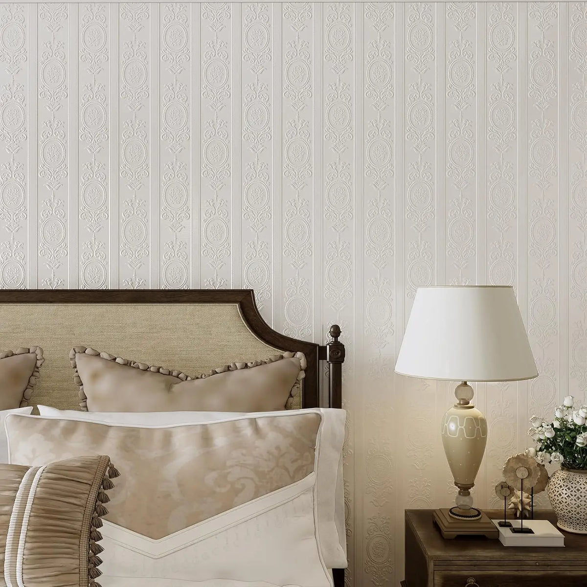 3D White Embossed Damask Waterproof & Oil-Resistant Vinyl Peel-and-Stick Wallpaper – Extra Thick & Removable