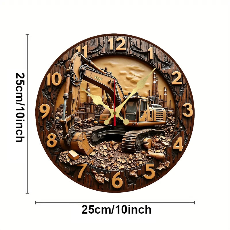 Excavator Silent Wall Clock – 10-Inch Round Wooden Industrial Construction Decor