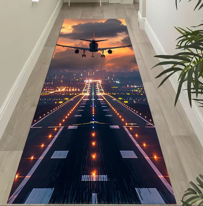 Neon Airplane Runway Kids’ Play Rug – Washable Polyester Floor Mat for Bedroom, Corridor & Balcony
