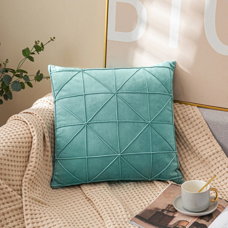 Light Blue Geometric Grid Velvet Pillow Cover – 17.72 in, Single or Set of 2