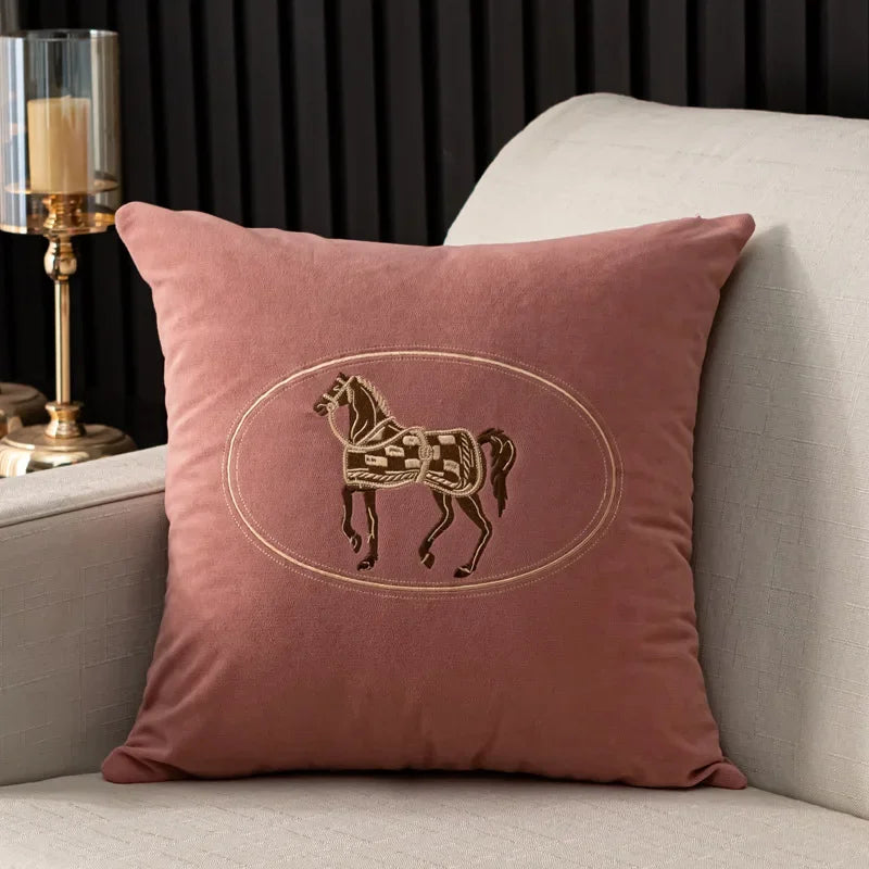 Dusty Pink Embroidered Horse Polyester/Cotton Pillow Cover – 17.72 × 17.72 in (45 × 45 cm), 1 Piece