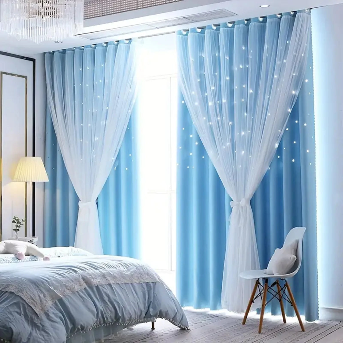 Blue Star-Detail Double-Layer Semi-Light Blocking Curtain Panel – 3 Hanging Styles