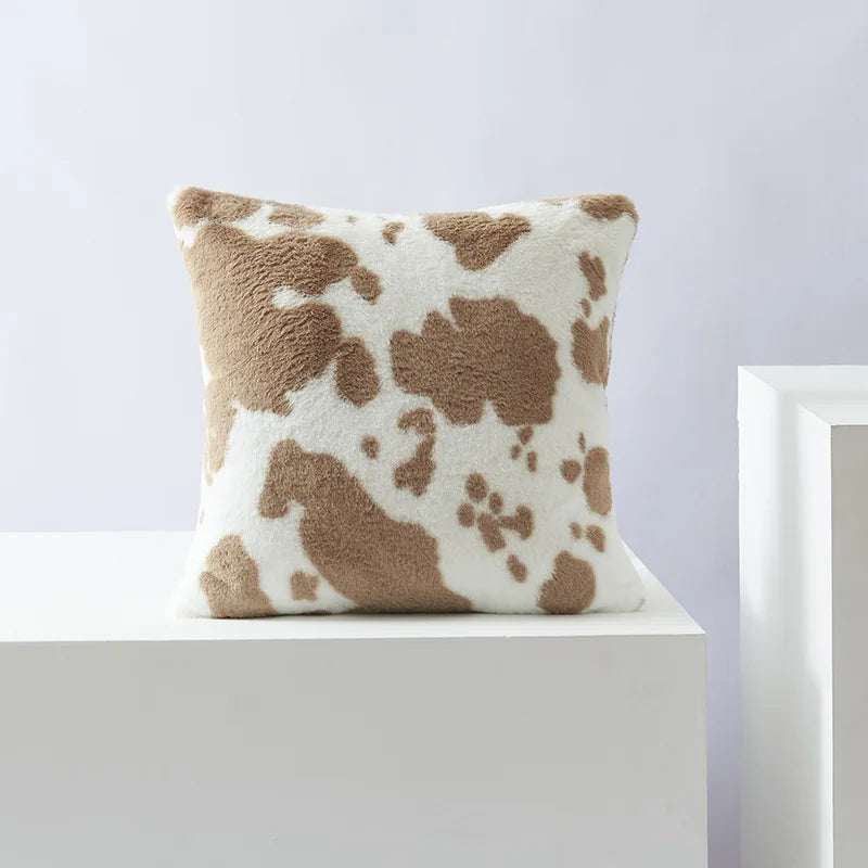Plush Cow-Print Throw Pillow Cover, Double-Sided Polyester, Square or Lumbar, Cover Only