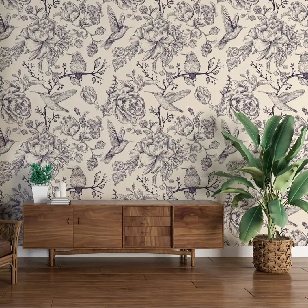 Hummingbird & Floral Traditional or Peel-and-Stick Wallpaper – Vintage Nature Wall Mural, 2-Roll Set