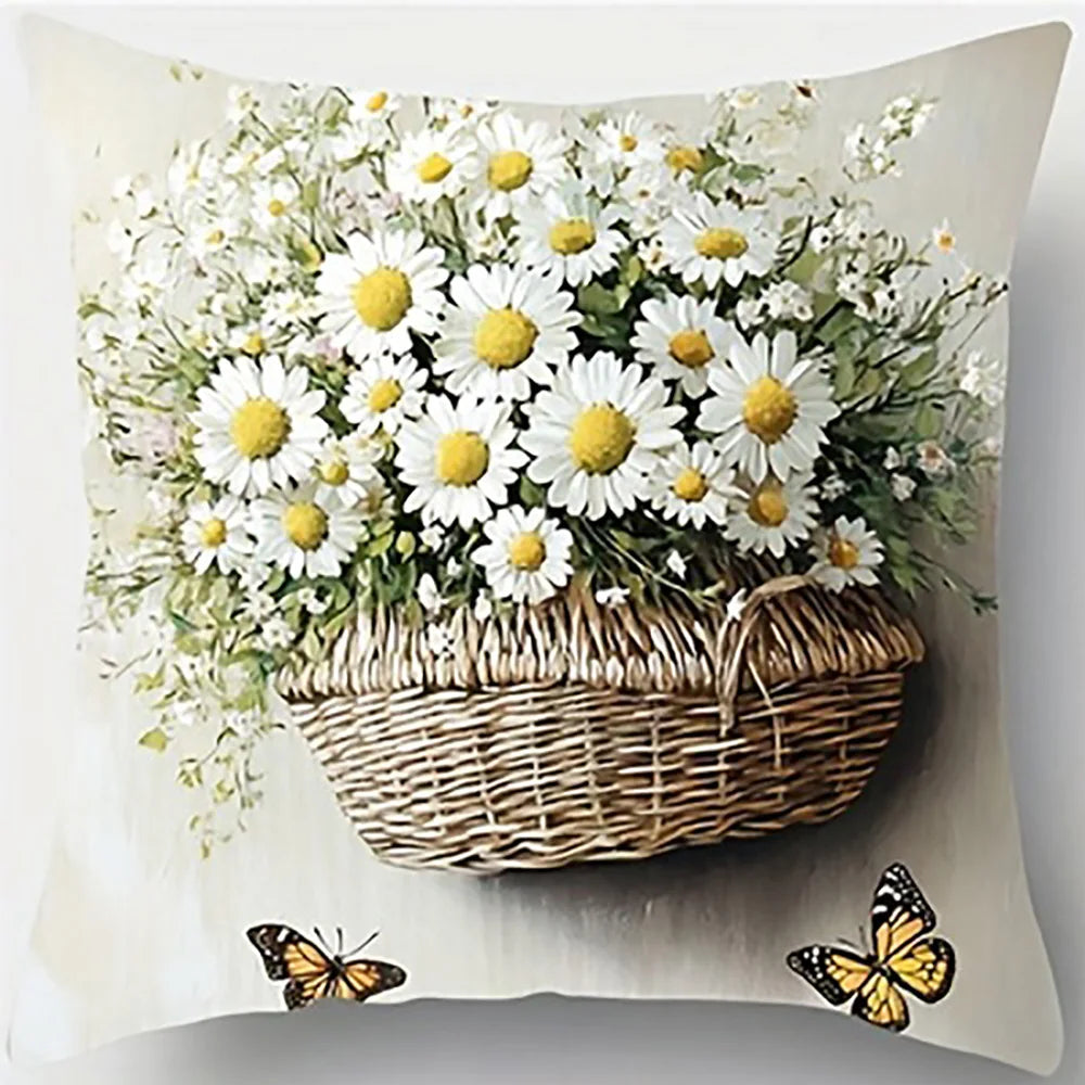 Daisy Scenes Polyester Peachskin Pillow Covers – 15.75–23.62 in Square, Single-Sided Print, Set of 4