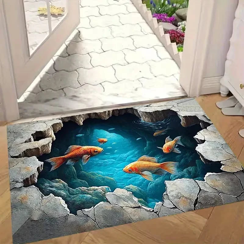 3D Koi & Lotus Non-Slip Flannel Doormat – Soft Absorbent Washable Floor Mat for Entrance & Bathroom