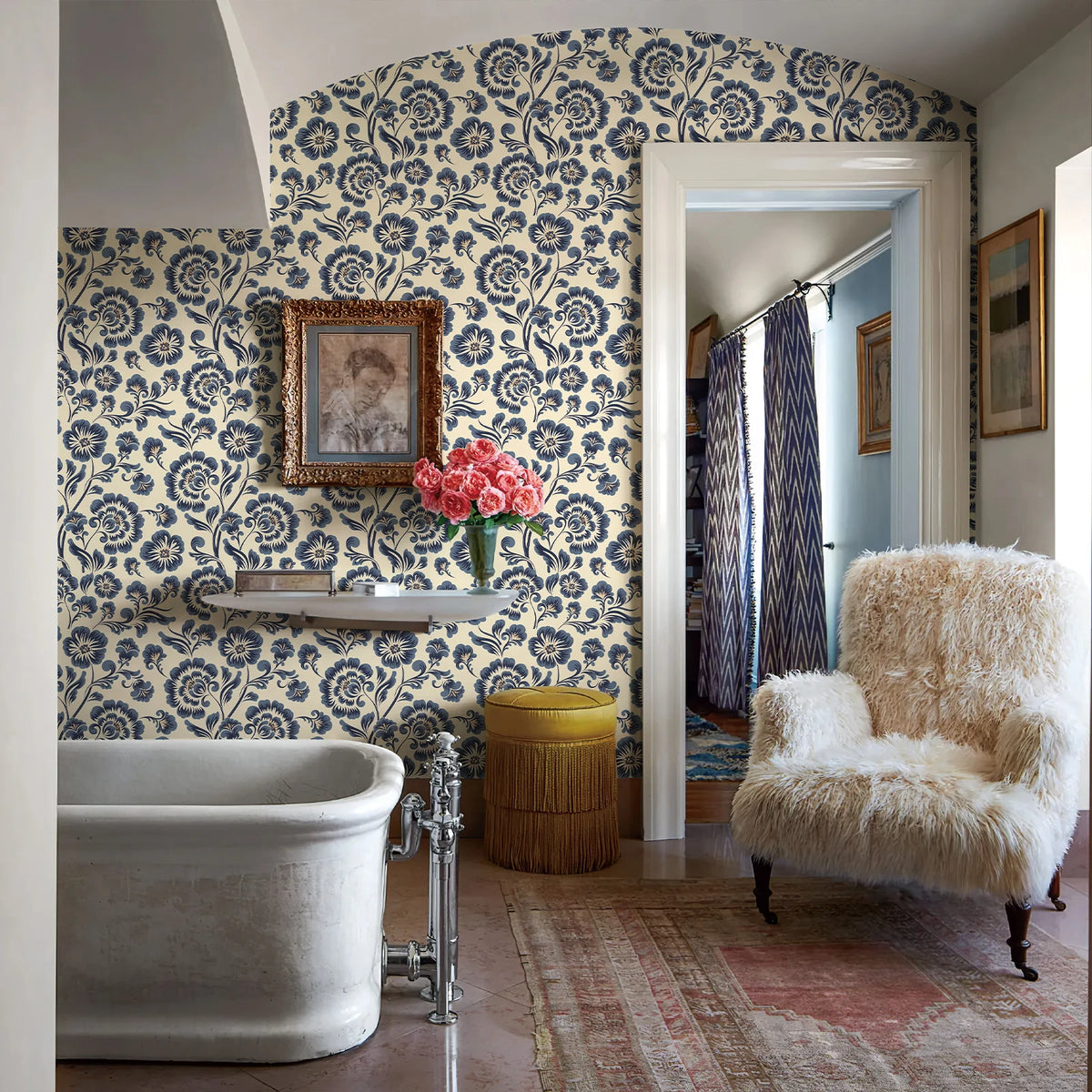 Blue Floral Waterproof & Oil-Resistant PVC Peel-and-Stick Wallpaper – Removable for Walls, Cabinets & Furniture