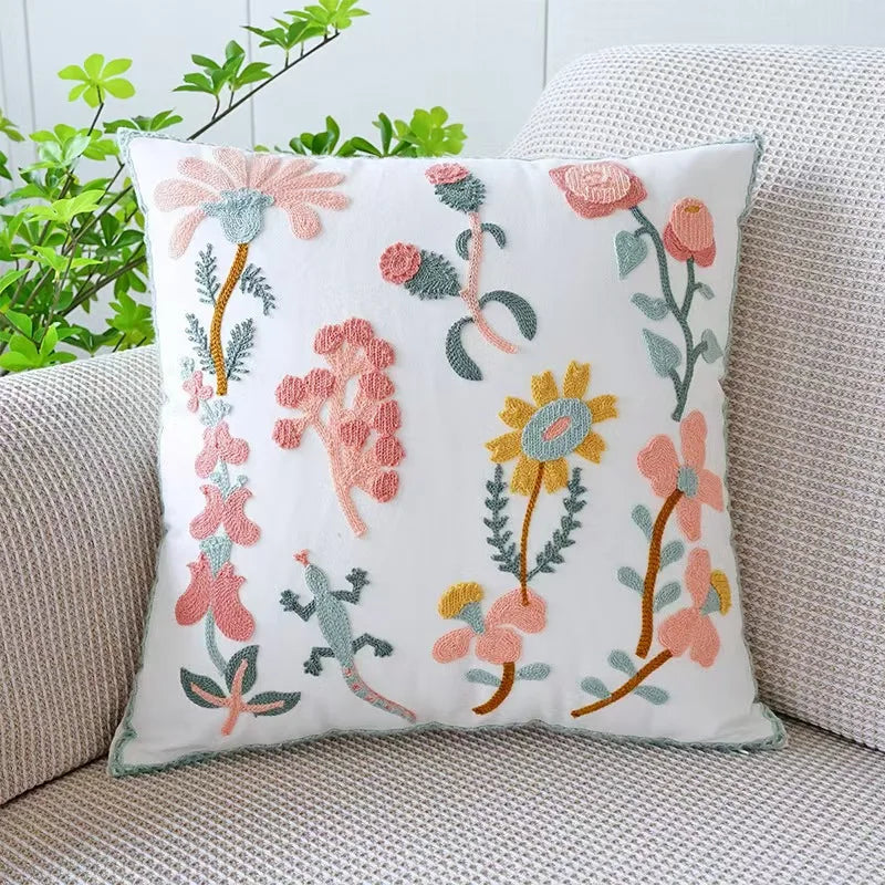 Multicolor Garden Flowers Embroidered Polyester/Cotton Pillow Cover – 17.72 × 17.72 in (45 × 45 cm)
