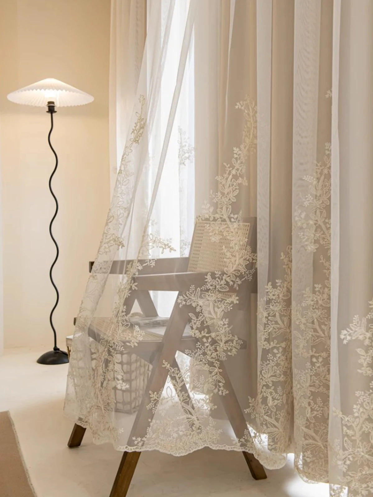 Beige Floral-Embroidered Double-Layer Semi-Light Blocking Curtain Panel – 4 Hanging Styles