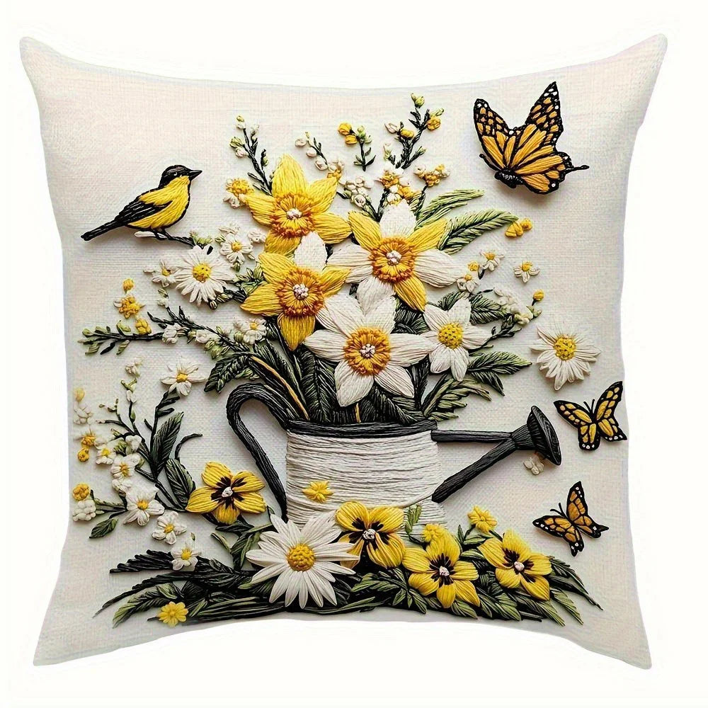 Yellow Bird Watering Can Polyester Peachskin Pillow Cover – Flat Print, 15.75–23.62 in Square, 1 Piece