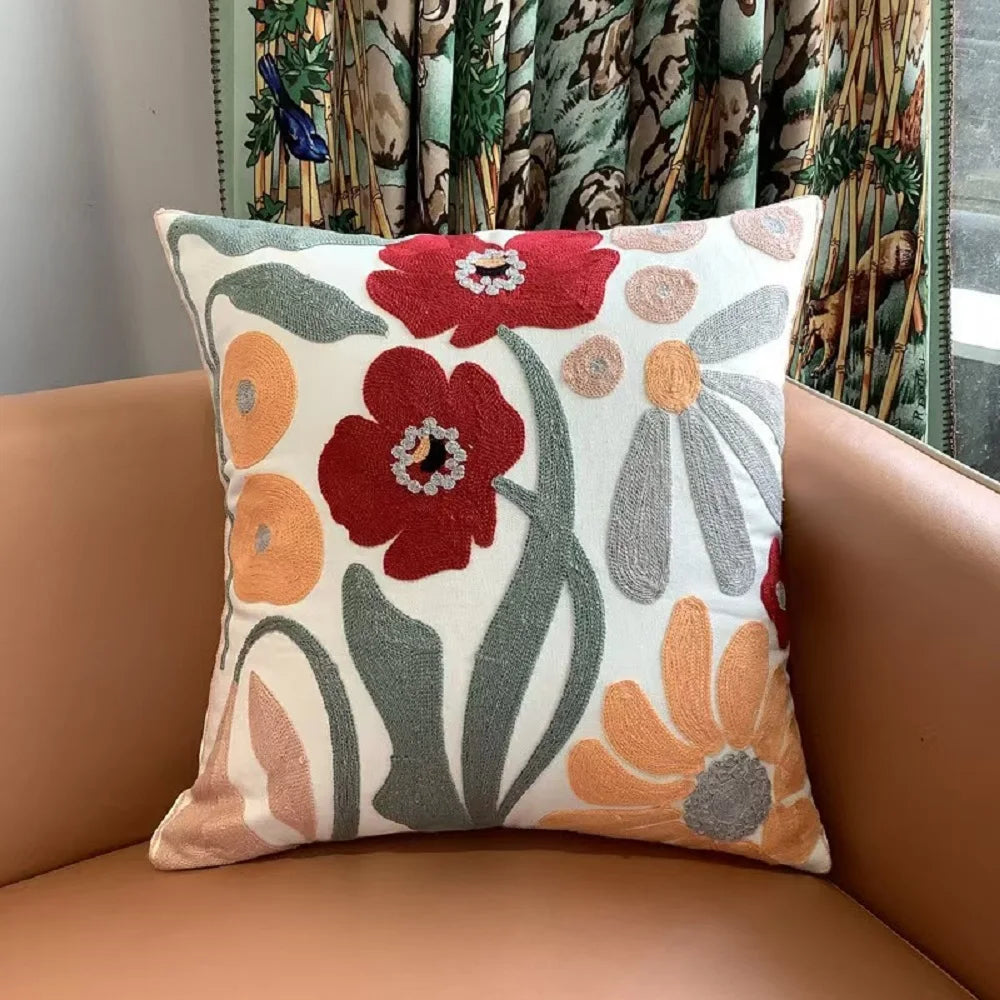 Red & Peach Floral Embroidered Polyester/Cotton Pillow Cover – 17.72 × 17.72 in (45 × 45 cm)