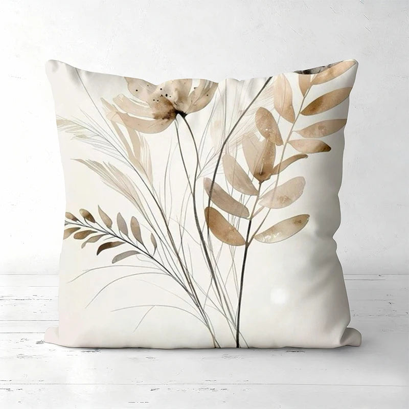 Neutral Botanical Floral Leaf Polyester Pillow Cover – 4 Designs, 4 Sizes