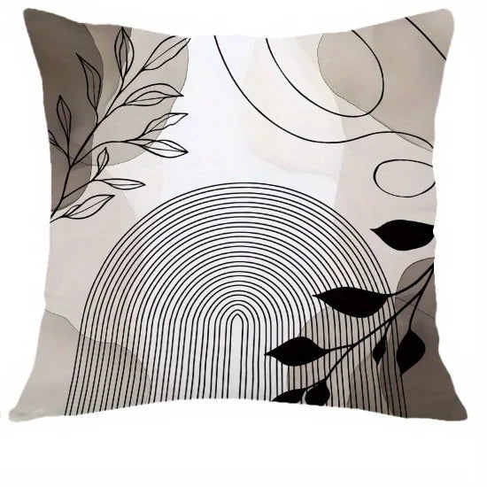Black Leaf & Circle Polyester Twill Pillow Cover – Designs 1–2, 4 Sizes