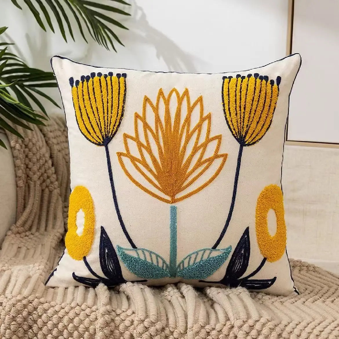 Golden Floral Trio Embroidered Polyester/Cotton Pillow Cover – 17.72 × 17.72 in (45 × 45 cm)