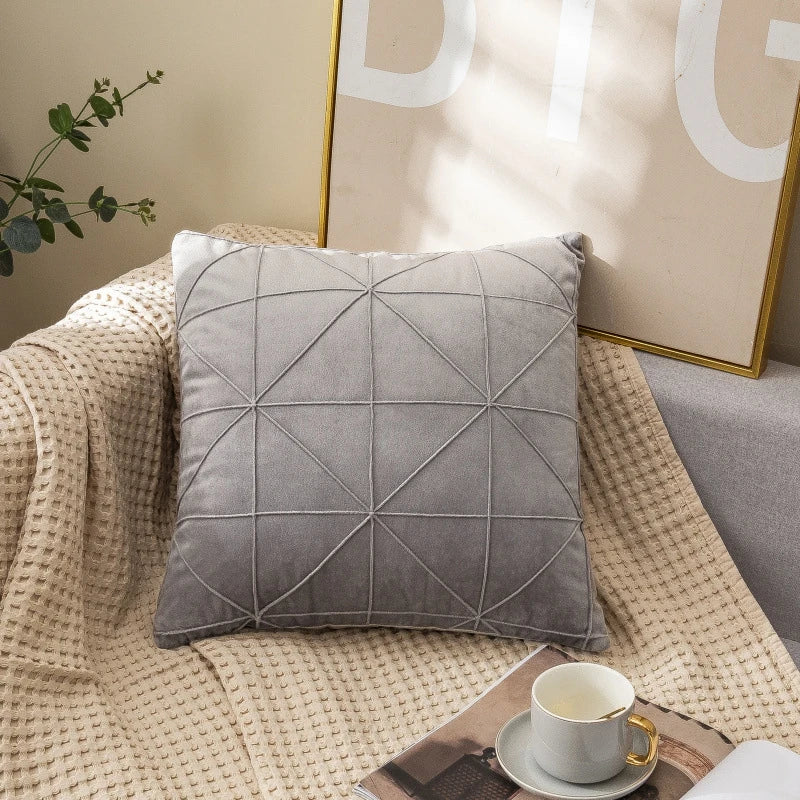 Gray Geometric Grid Velvet Pillow Cover – 17.72 in, Single or Set of 2