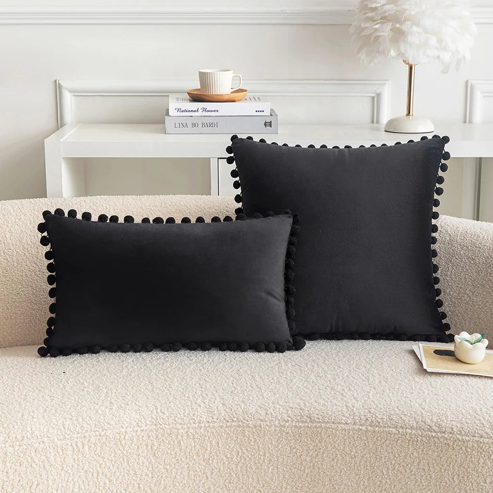 *Purple, Black & Gray Pompom Polyester Velvet Pillow Cover – 17.72 or 19.69 in Square / 11.81 × 19.69 in Lumbar (45 × 45, 50 × 50 or 30 × 50 cm), 1 Piece
