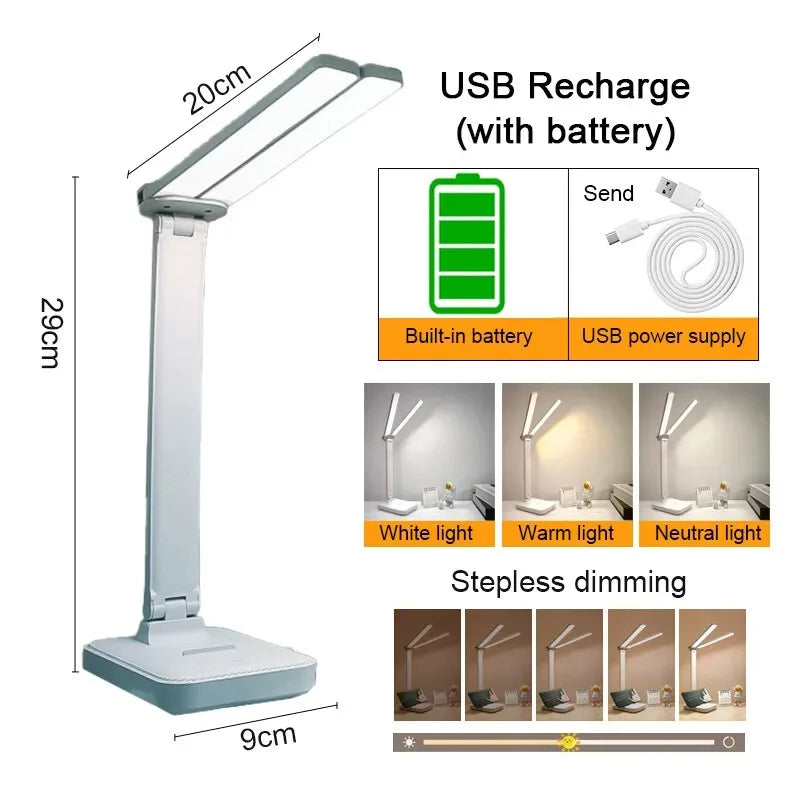 LED Desk Lamp – 3-Level Touch Dimmable, Foldable Eye-Caring Reading Light, USB Plug-In or Rechargeable Bedside Table Lamp