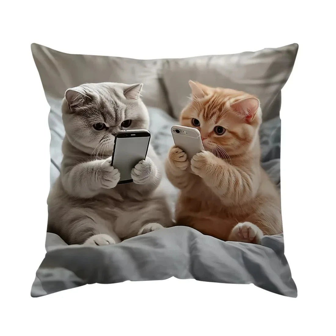 Smartphone Kitten Throw Pillow Cover – Cozy Cat Duo Designs, Polyester, 15.75–23.62 in Square