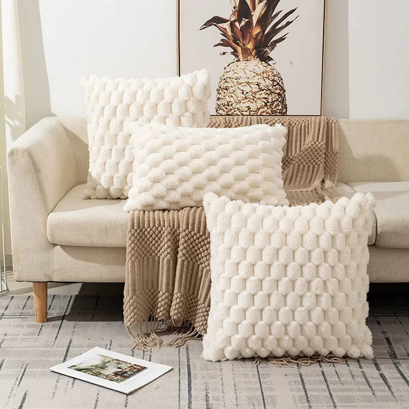 White & Beige Textured Plush Pillow Cover – Square & Lumbar Sizes