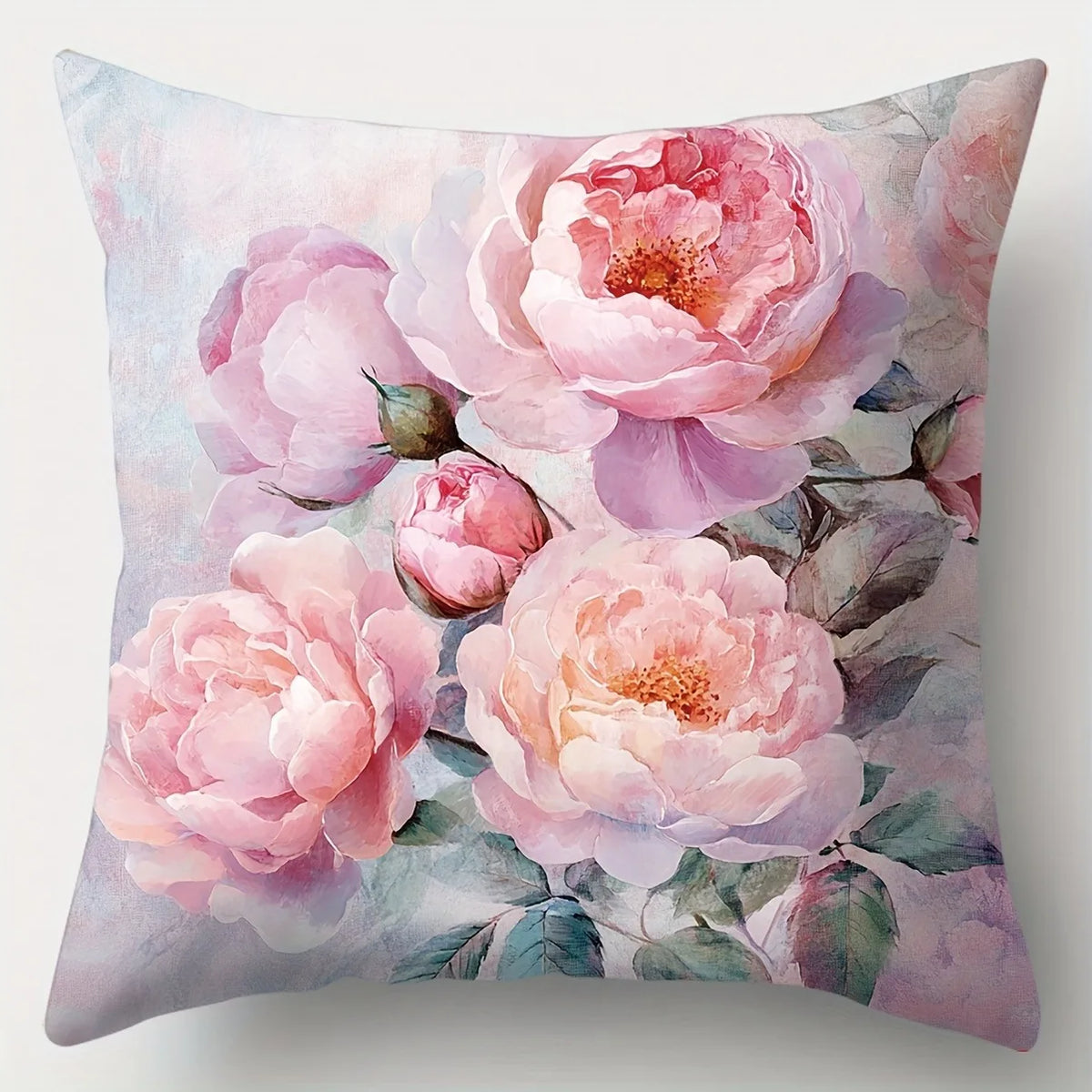Pink Peony Bouquet Throw Pillow Cover – Polyester, 15.75–23.62 in Square, Cover Only
