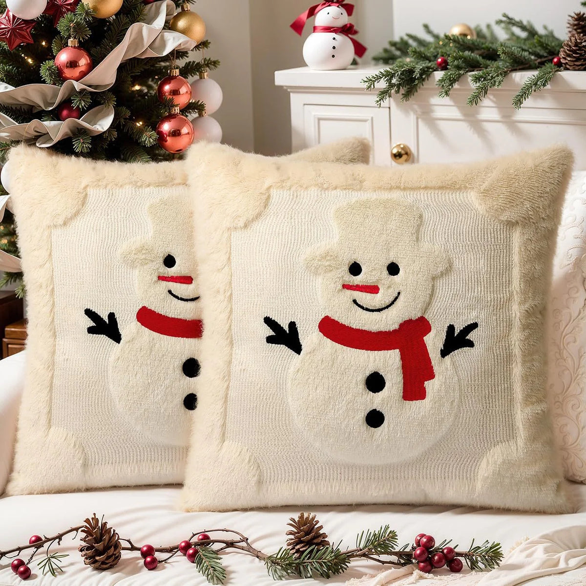 Cream Snowman Christmas Pillow Covers – Plush Embroidered Set of 2, 17.72 in