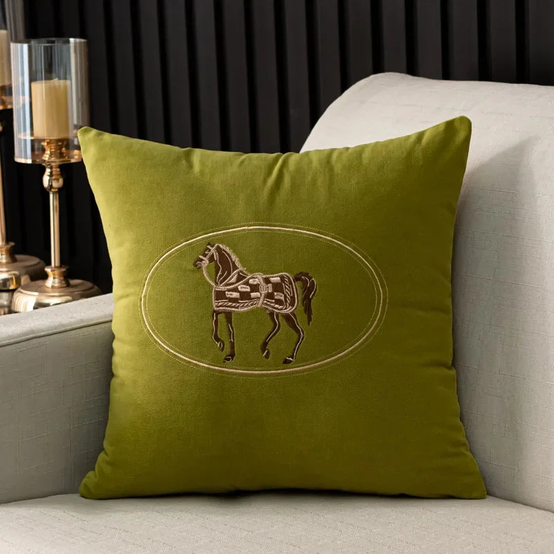 Olive Green Embroidered Horse Polyester/Cotton Pillow Cover – 17.72 × 17.72 in (45 × 45 cm), 1 Piece
