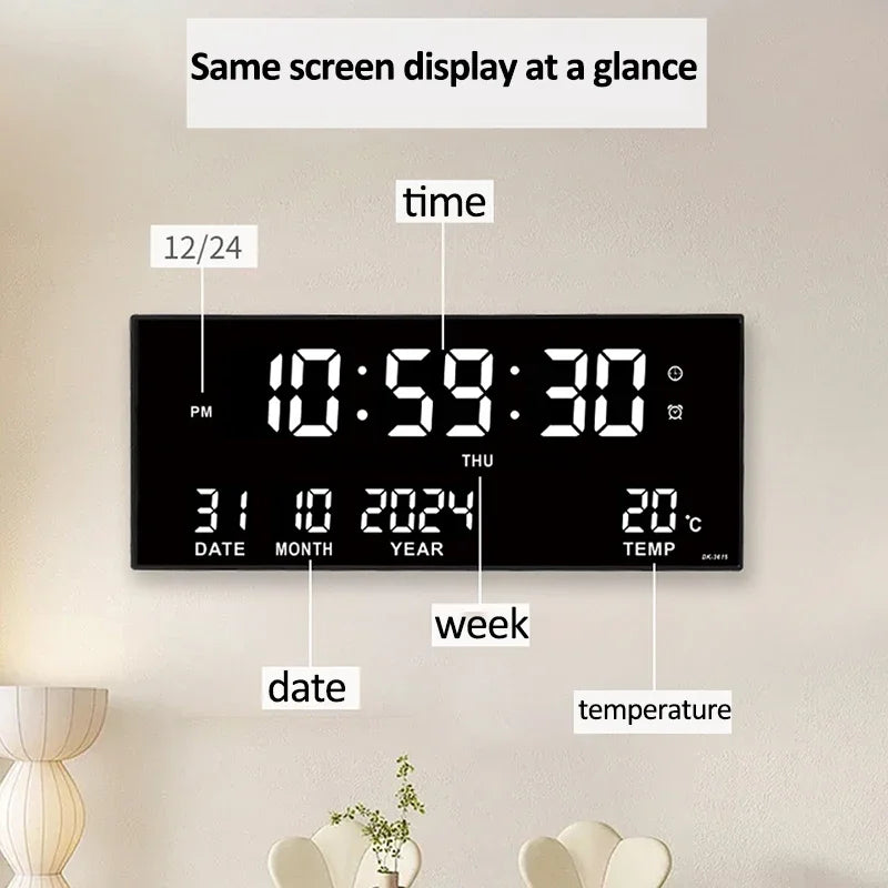 14-Inch Digital LED Wall Clock – Time, Date, Temperature & 8 Daily Alarms, Plug-In Display