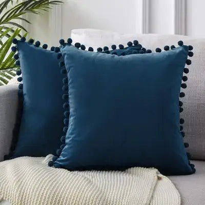 Blue and Aqua Velvet Pom-Pom Throw Pillow Cover, 15.75–19.69 in, Cover Only
