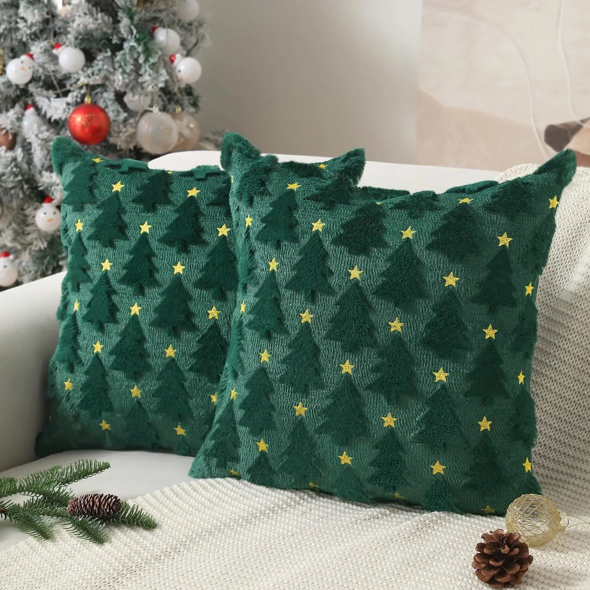 Embroidered Christmas Tree Pillow Covers – Plush Set of 2, 17.72 in