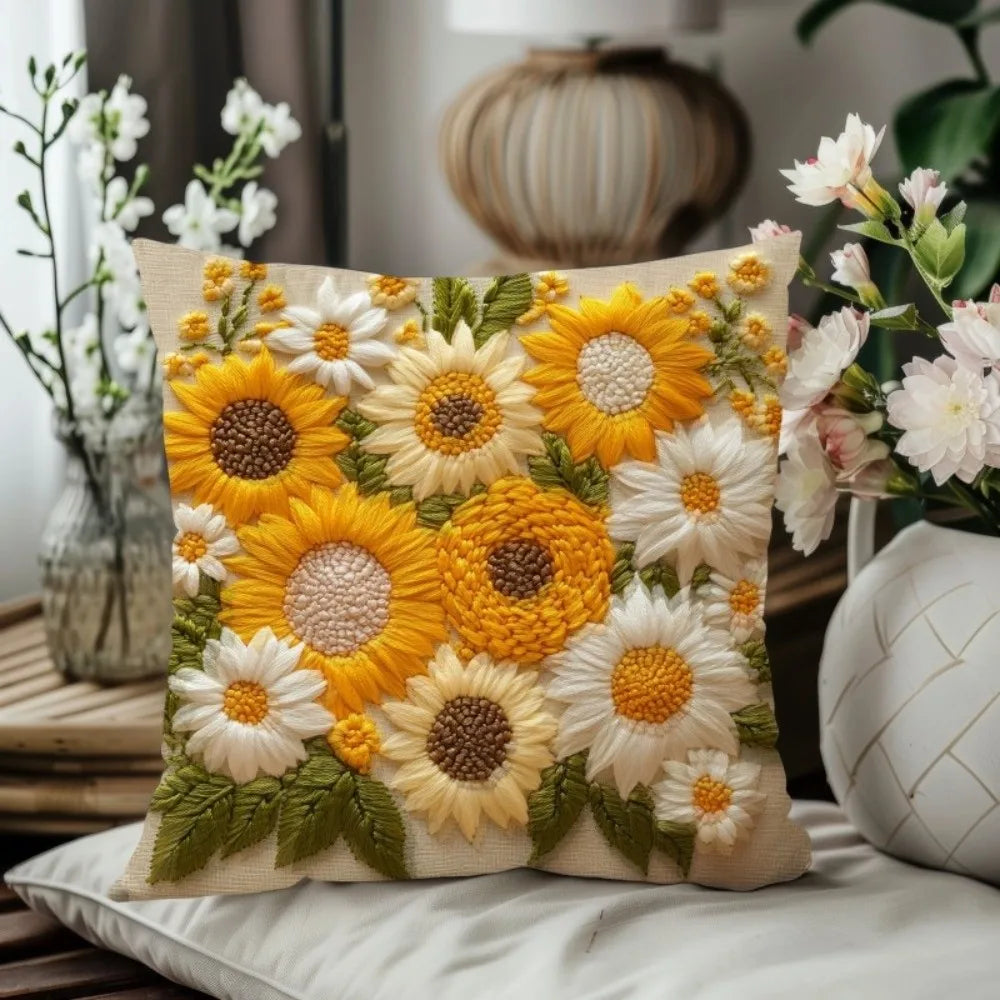 Vintage Sunflower Throw Pillow Cover – Polyester, 17.72 × 17.72 in (45 × 45 cm), Cover Only