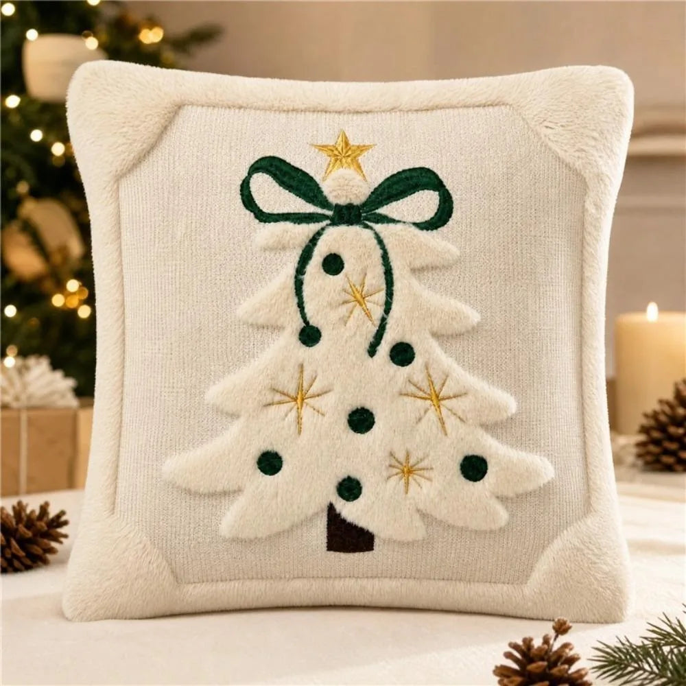 Christmas Tree Appliqué Pillow Covers – Green and Beige, Set of 2, 17.72 in