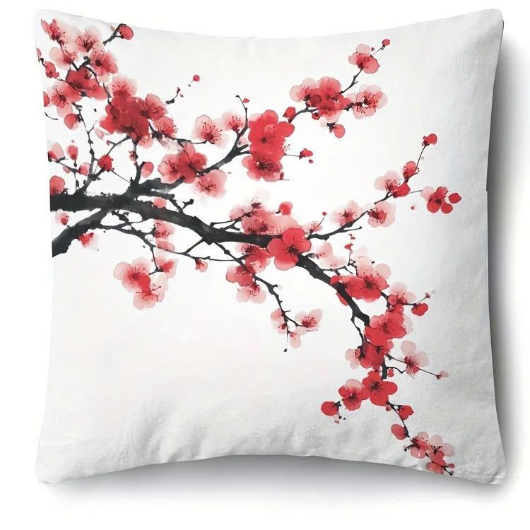 Red Plum Blossom Branch Polyester Pillow Cover – 15.75–23.62 in Square, Cover Only