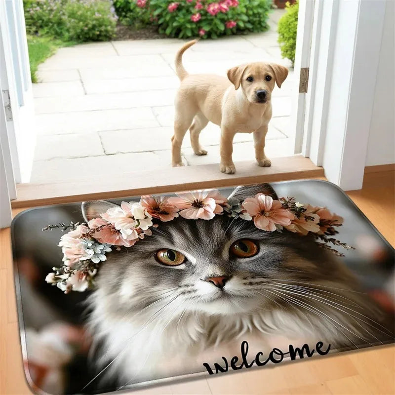 Cute Cat Welcome Doormat – Non-Slip Washable Flannel Mat for Kitchen, Bathroom & Entryway