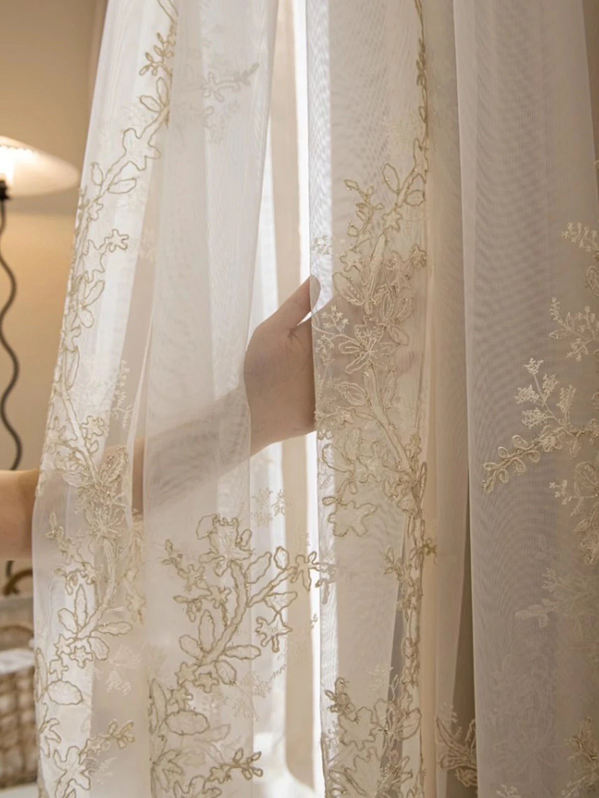 Beige Floral-Embroidered Double-Layer Semi-Light Blocking Curtain Panel – 4 Hanging Styles