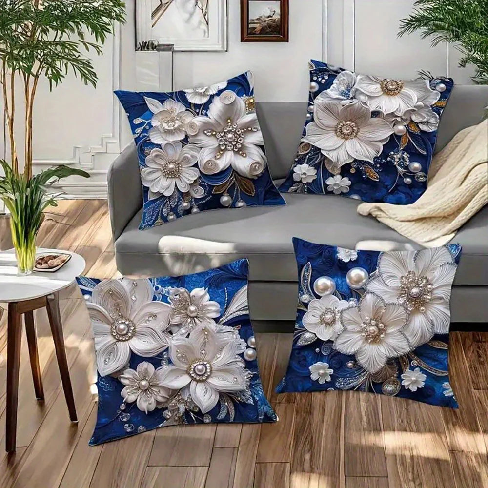 Blue Floral Jewel-Effect Printed Pillow Cover – Design 3, 4 Sizes