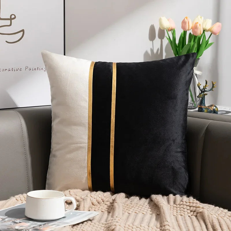 Neutral Color-Block Velvet Throw Pillow Cover with Gold-Tone Stripes, Square or Lumbar