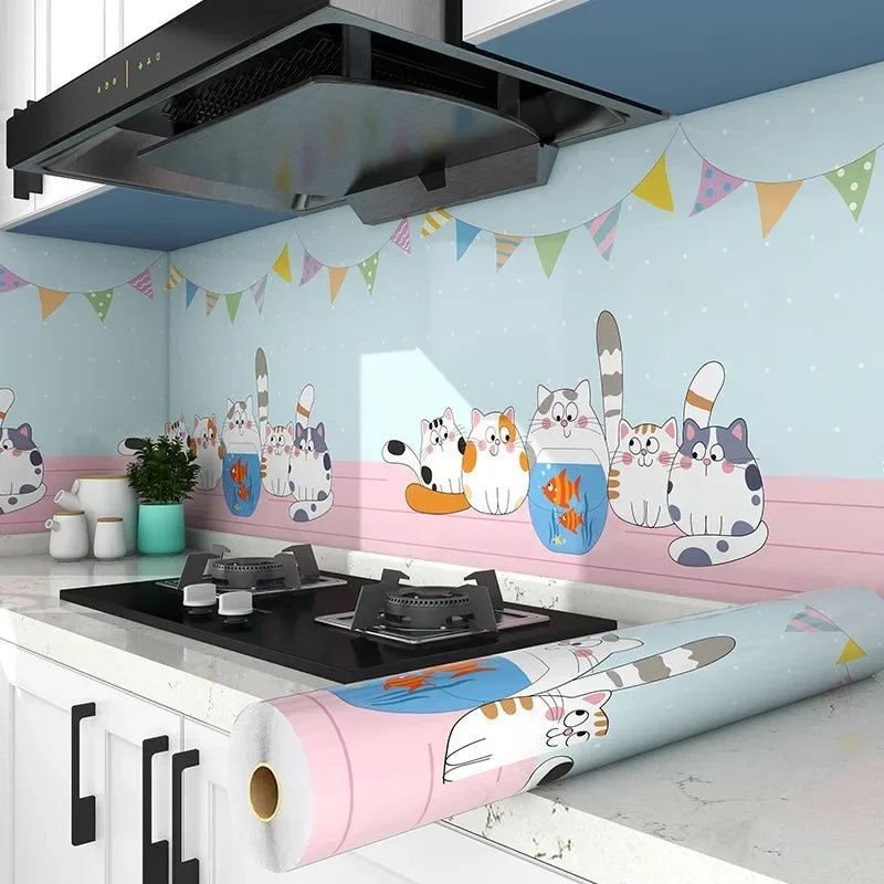 Pastel Aqua Blue Cartoon Cat Kitchen Stove Oil-Proof Peel and Stick Wallpaper – Waterproof, High Temperature Resistant Self-Adhesive Contact Paper