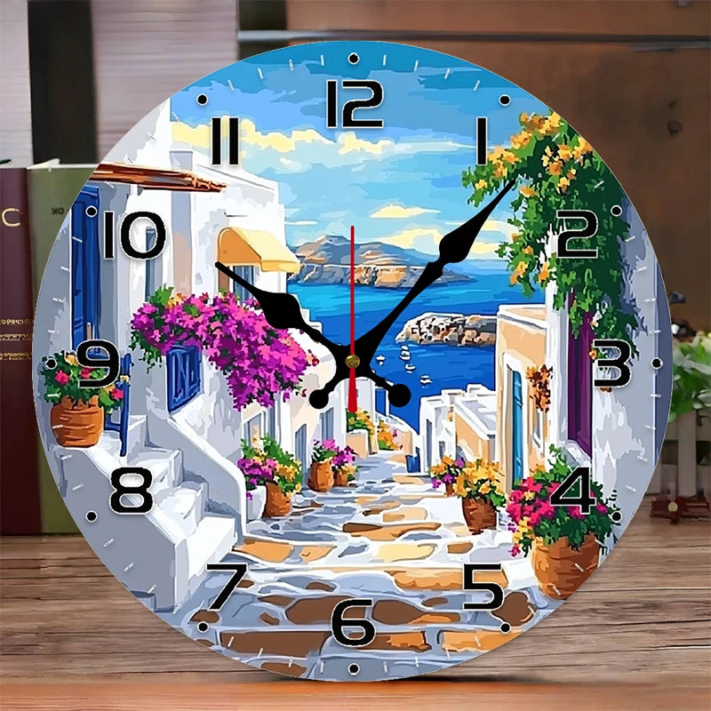 Mediterranean Street Silent Wall Clock – 10-Inch Round Wooden Home Decor