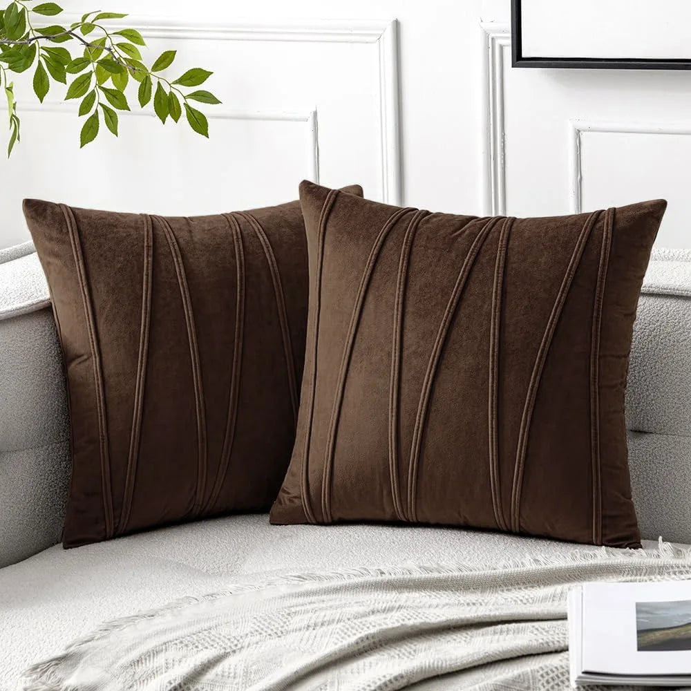 Wavy-Line Velvet Throw Pillow Cover – 17.72 in Square, Beige, Brown or Dark Gray