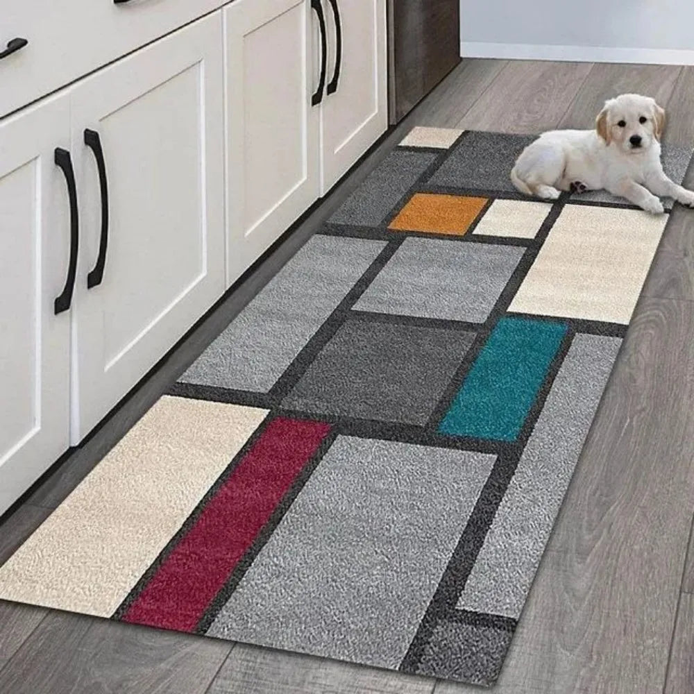 VIKAMA Waterproof Non-Slip Geometric Runner Rug – Washable Polyester Hallway Mat, FLR3907 & FLR4087