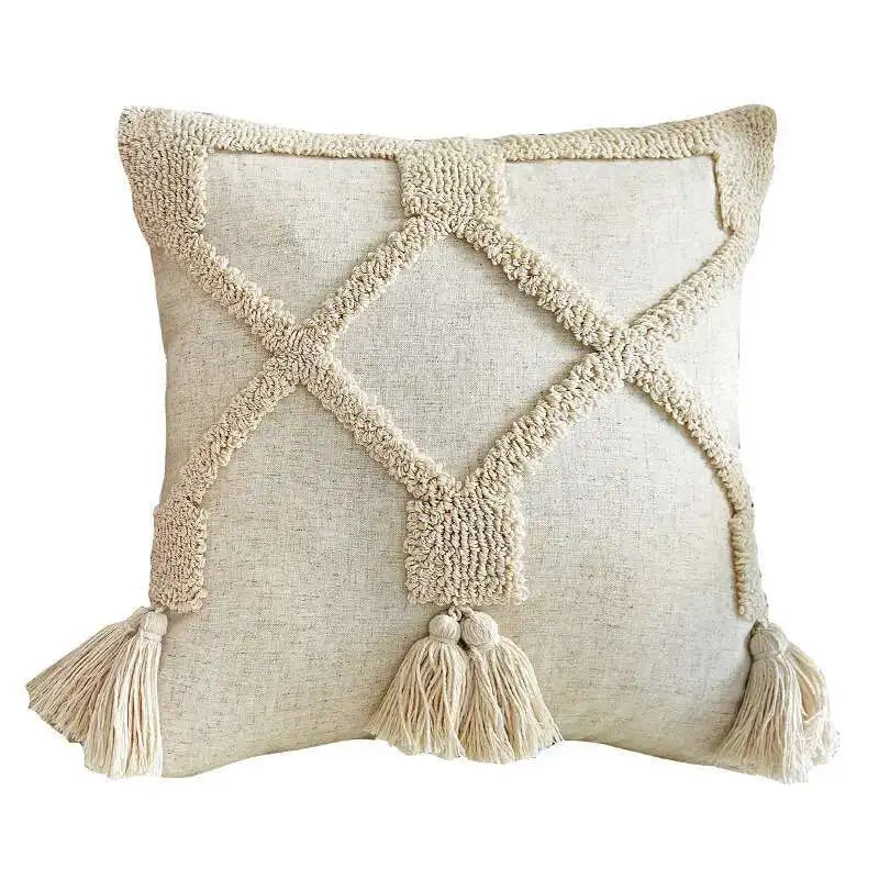 Beige Tufted Tassel Pillow Cover – Geometric Square & Lumbar Designs