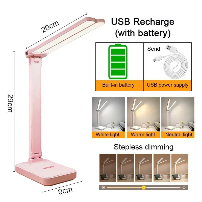 LED Desk Lamp – 3-Level Touch Dimmable, Foldable Eye-Caring Reading Light, USB Plug-In or Rechargeable Bedside Table Lamp