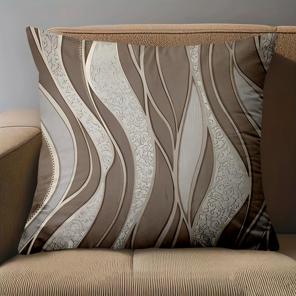 Brown & White Abstract Wave Polyester Pillow Cover – Single-Sided Print, 4 Sizes